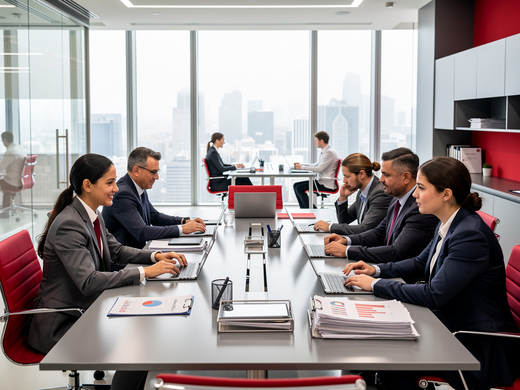 Equipo de negocios trabajando con portátiles en una sala de reuniones moderna con vista a la ciudad