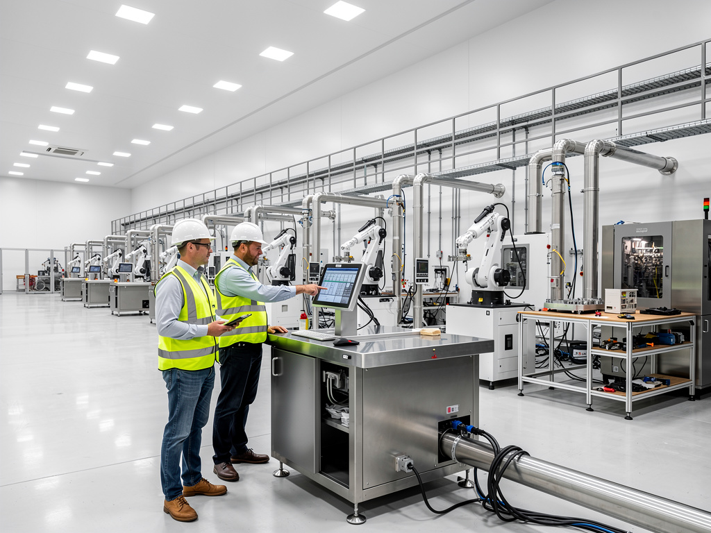 Ingenieros con casco supervisan robots industriales en una moderna fábrica automatizada