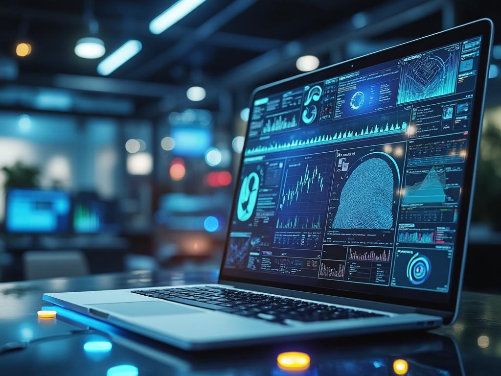 Ordenador portátil mostrando gráficos de datos y análisis en una oficina moderna.
