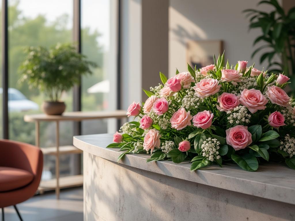 Arreglo de rosas rosadas y flores blancas en una mesa de mármol en una sala iluminada por el sol con muebles modernos. Arreglo de rosas rosadas y flores blancas en una mesa de mármol en una sala iluminada por el sol con muebles modernos.