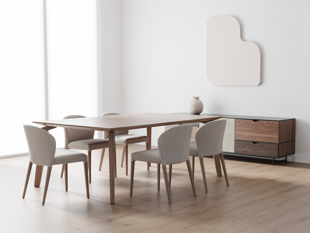 Modern minimalist dining room with wooden table, upholstered chairs, sideboard, vase, and abstract wall art
