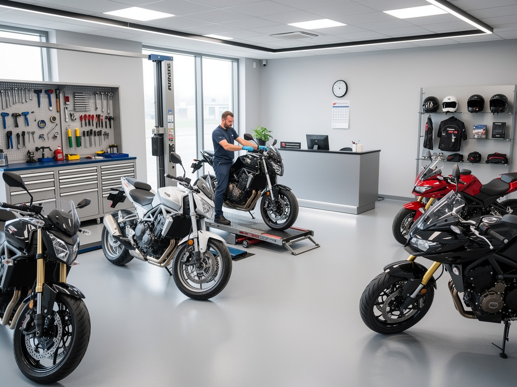 Taller moderno de motocicletas con mecánico reparando una moto en elevador, herramientas y motos deportivas en exhibición