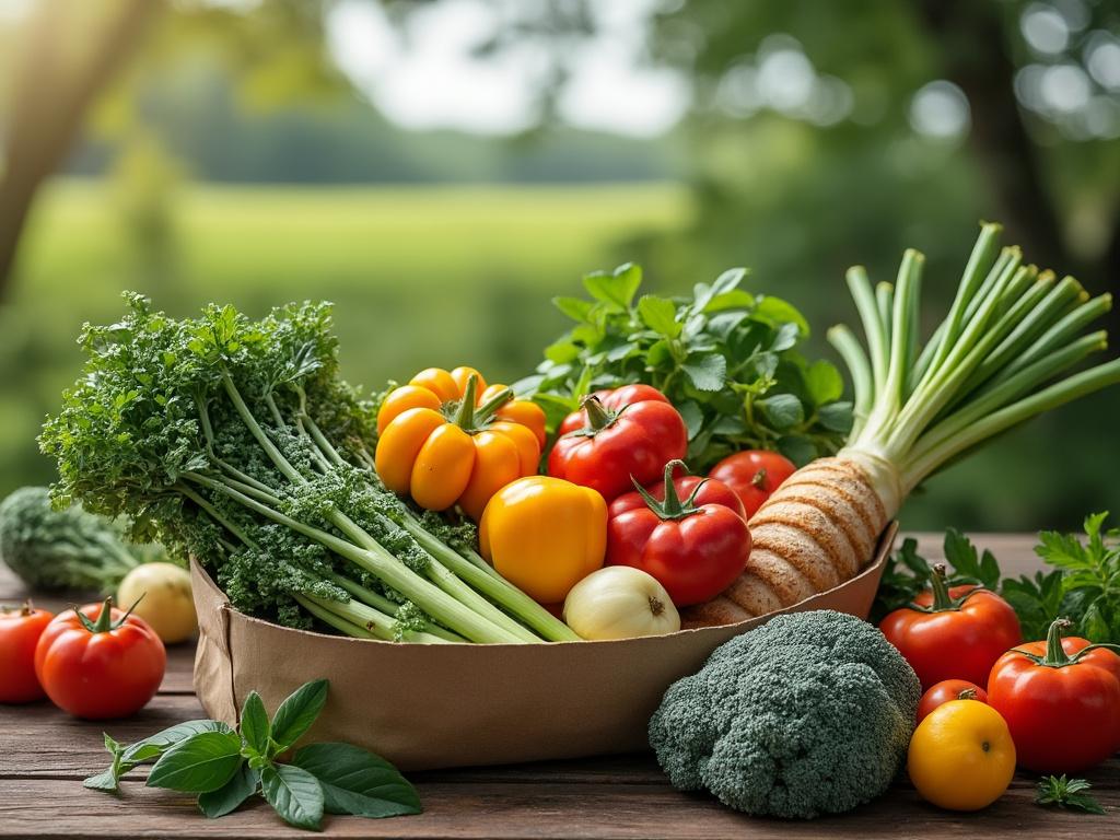 Fresh vegetables including tomatoes, bell peppers, broccoli, and herbs in a basket on a wooden table outdoors.