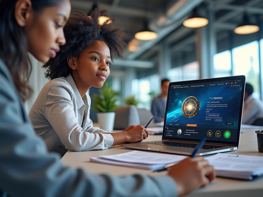 Young professionals reviewing a digital finance dashboard on a laptop during a modern office meeting