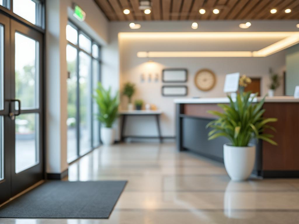 Modern office lobby with large glass doors, indoor plants, and a reception desk. Modern office lobby with large glass doors, indoor plants, and a reception desk.