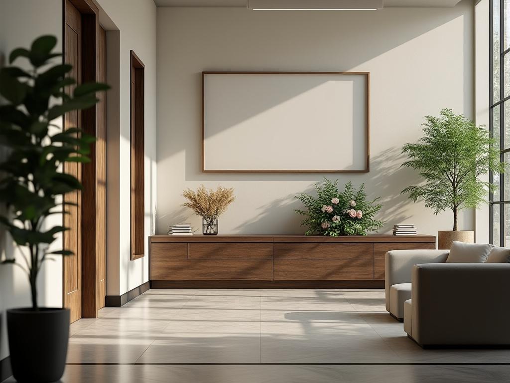 Sala de estar moderna con muebles de madera, plantas decorativas y gran ventanal.