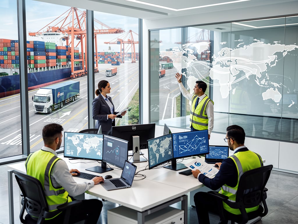 Equipo de logística coordinando transporte marítimo y cadena de suministro en oficina moderna frente a puerto de contenedores