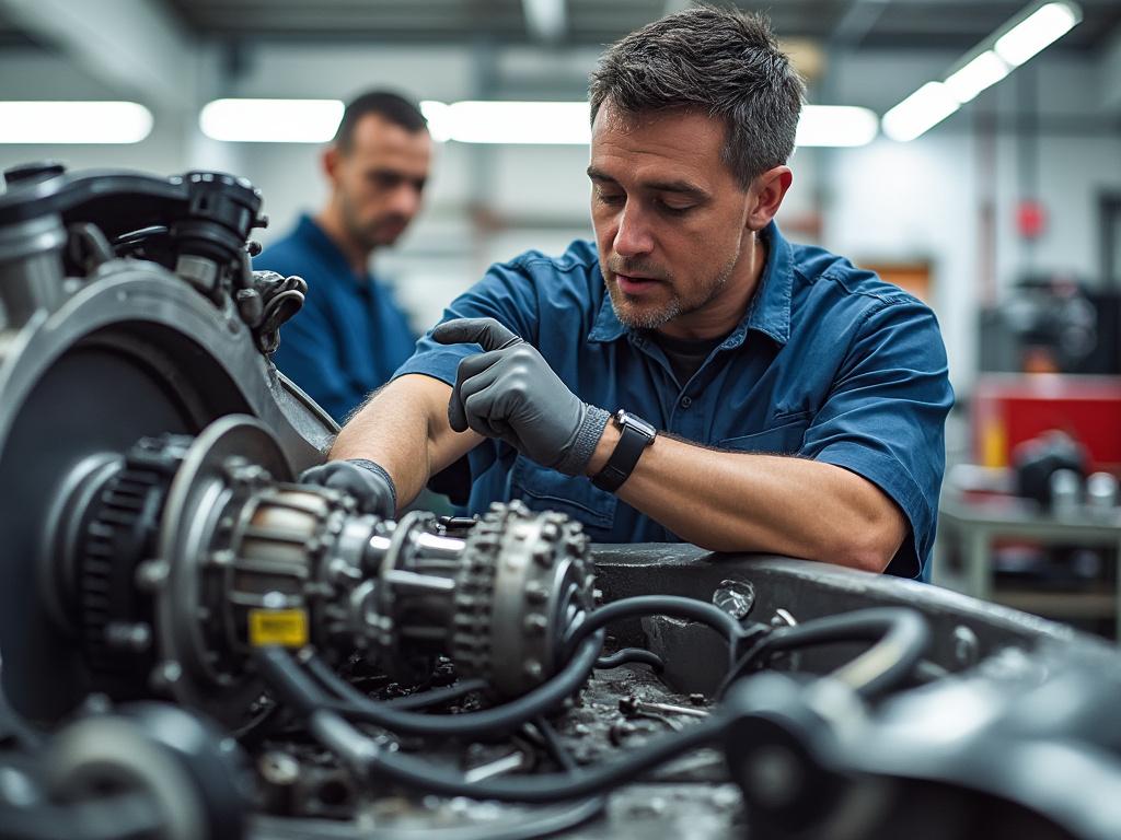 Mecánico trabajando en el motor de un automóvil en un taller, con herramientas visibles y un colega al fondo.
