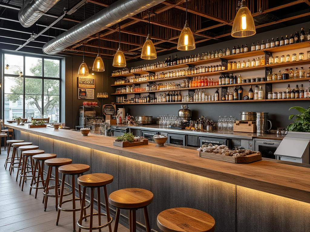 Moderno bar con iluminación cálida, estantes llenos de botellas y taburetes de madera en la barra larga.