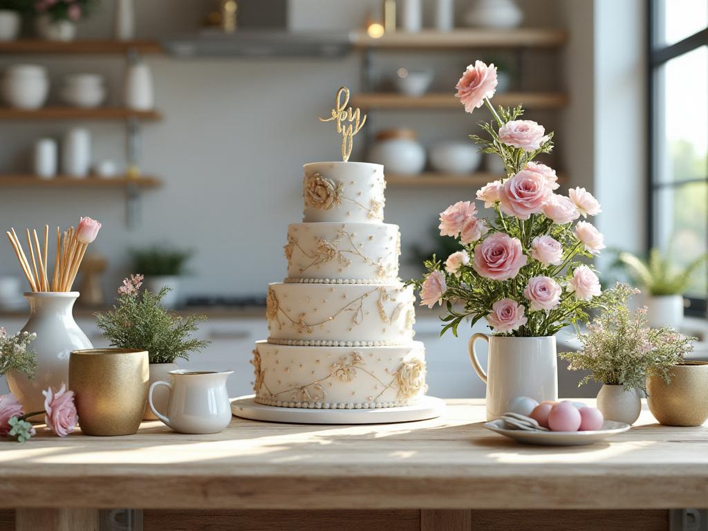Pastel de bodas de tres pisos con decoración floral dorada, rodeado de flores rosadas y tazas en una mesa de cocina iluminada.