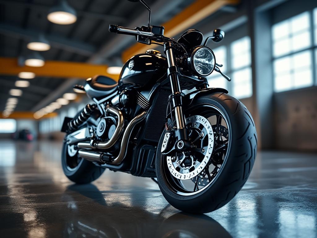 Motocicleta clásica negra en un garaje con iluminación moderna y fondo desenfocado.