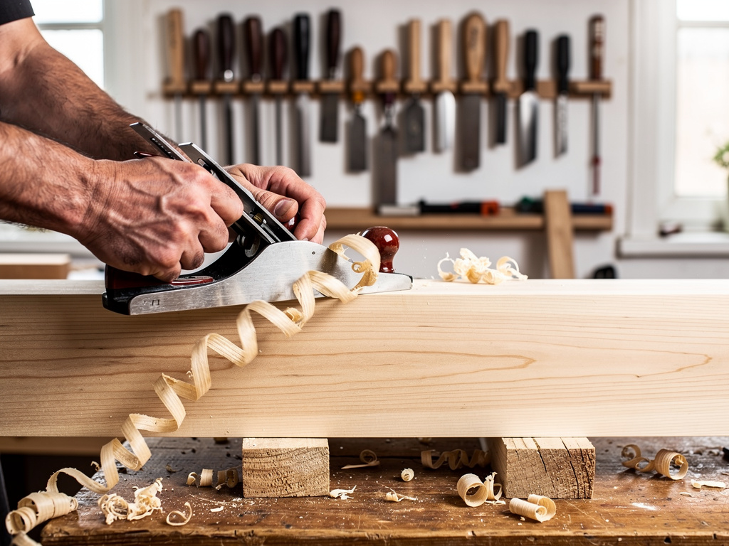 Carpintero cepillando una tabla de madera en taller con virutas y herramientas de carpintería al fondo