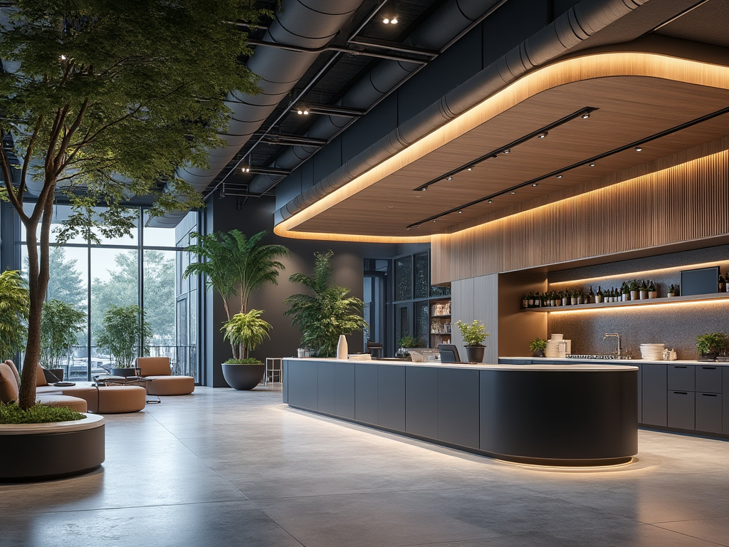 Modern office lobby with sleek reception desk, large indoor plants, and natural light streaming through large windows.
