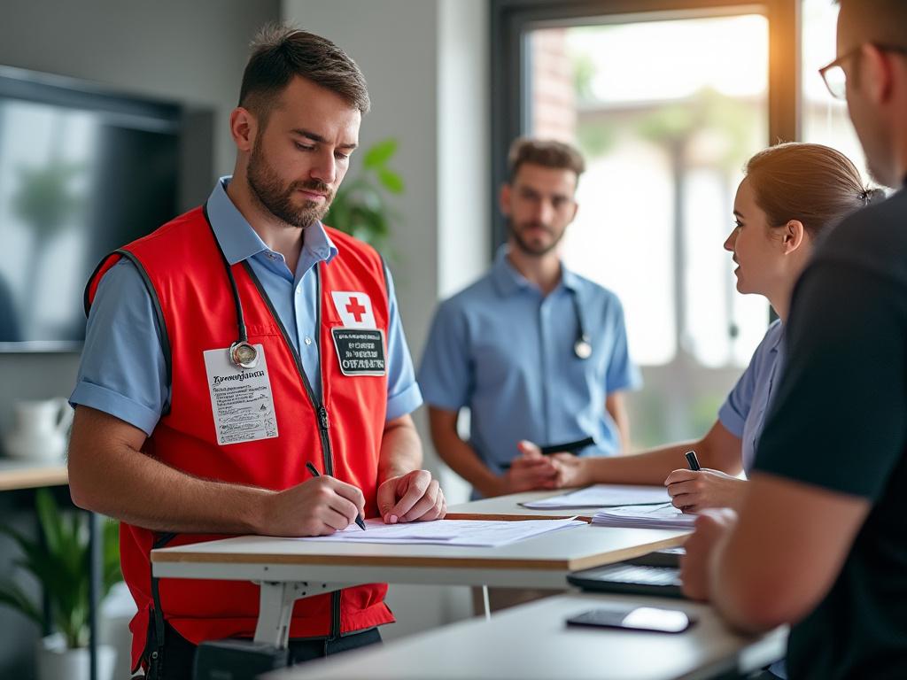 Emergency response team in discussion, with one member in a red vest writing notes, others in blue uniforms, inside a bright, modern workspace. Emergency response team in discussion, with one member in a red vest writing notes, others in blue uniforms, inside a bright, modern workspace.