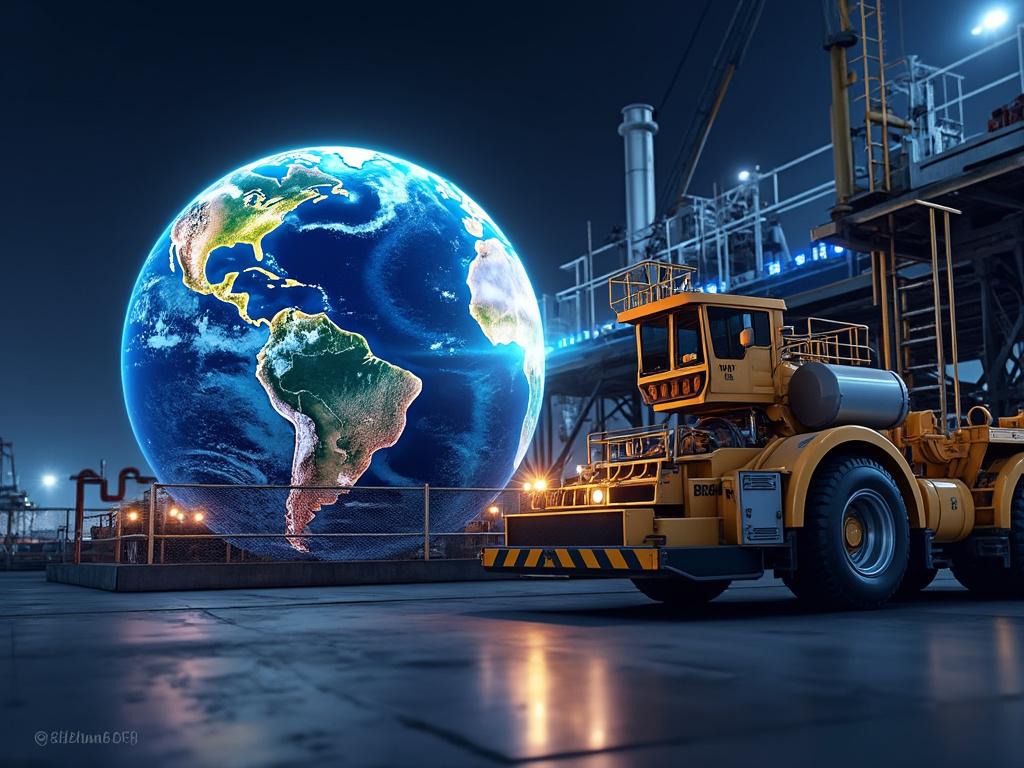 A futuristic scene depicting a large illuminated Earth globe near an industrial setting with a yellow construction vehicle in the foreground at night.