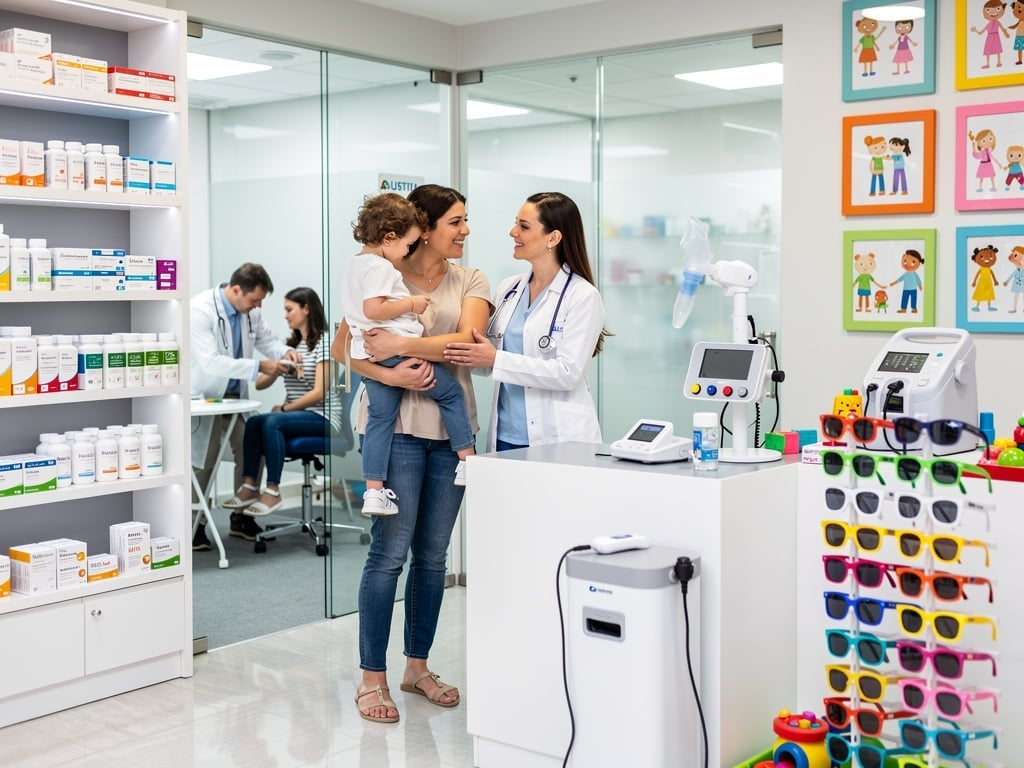 Pediatra atendiendo a madre con niño en clínica infantil con medicamentos, equipos médicos y gafas pediátricas
