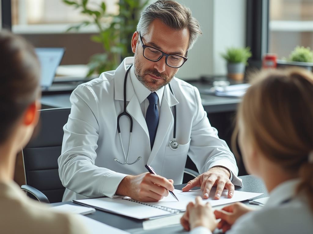 Médico con bata blanca y estetoscopio atendiendo a un paciente en una consulta luminosa.