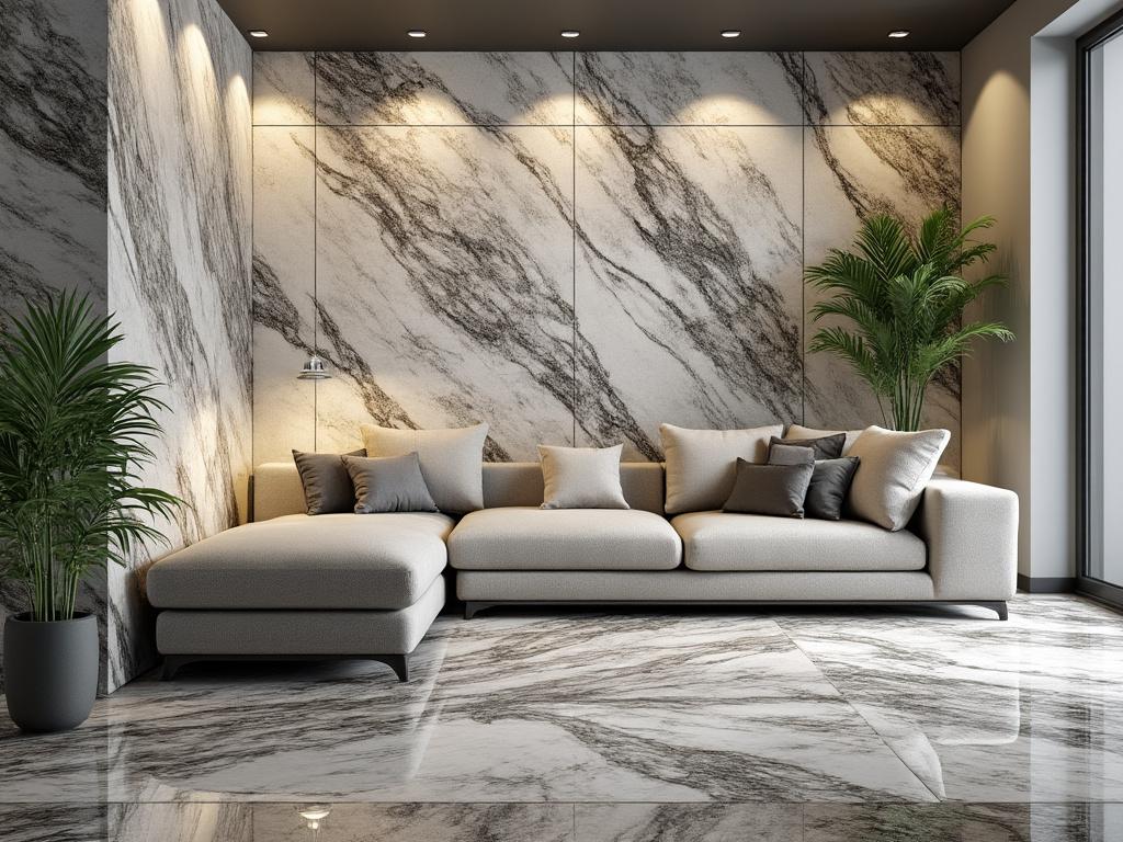 Sala moderna con sofá beige, paredes y suelo de mármol con vetas oscuras, y plantas decorativas en macetas negras.