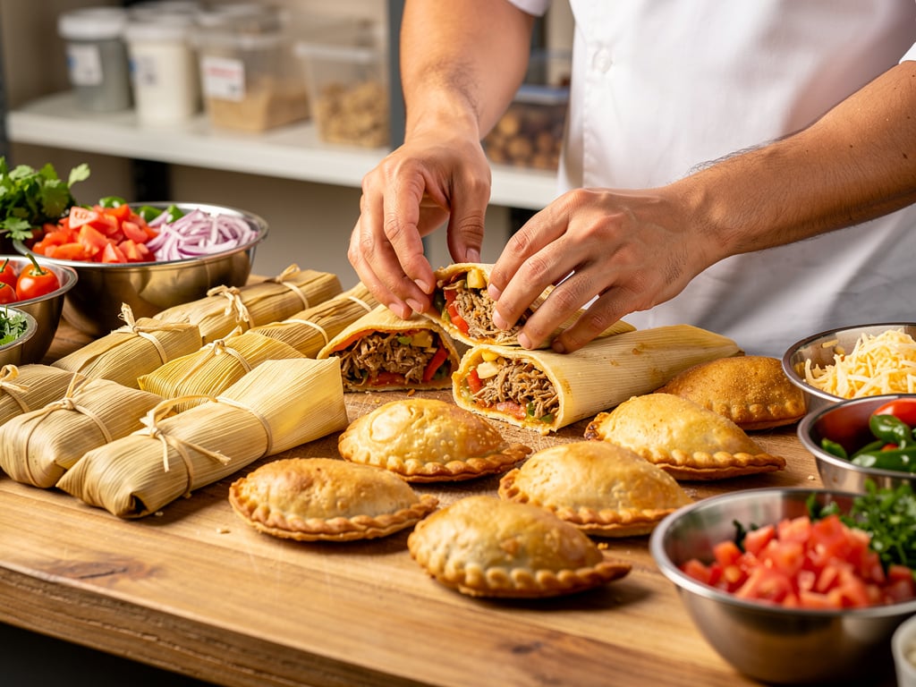 Chef preparando tamales y empanadas caseras con carne, verduras frescas y queso en cocina profesional