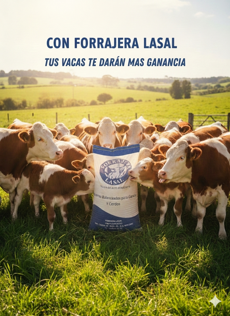 Cows surrounding a Forrajera Lasal feed bag in a green pasture, promoting livestock profitability.