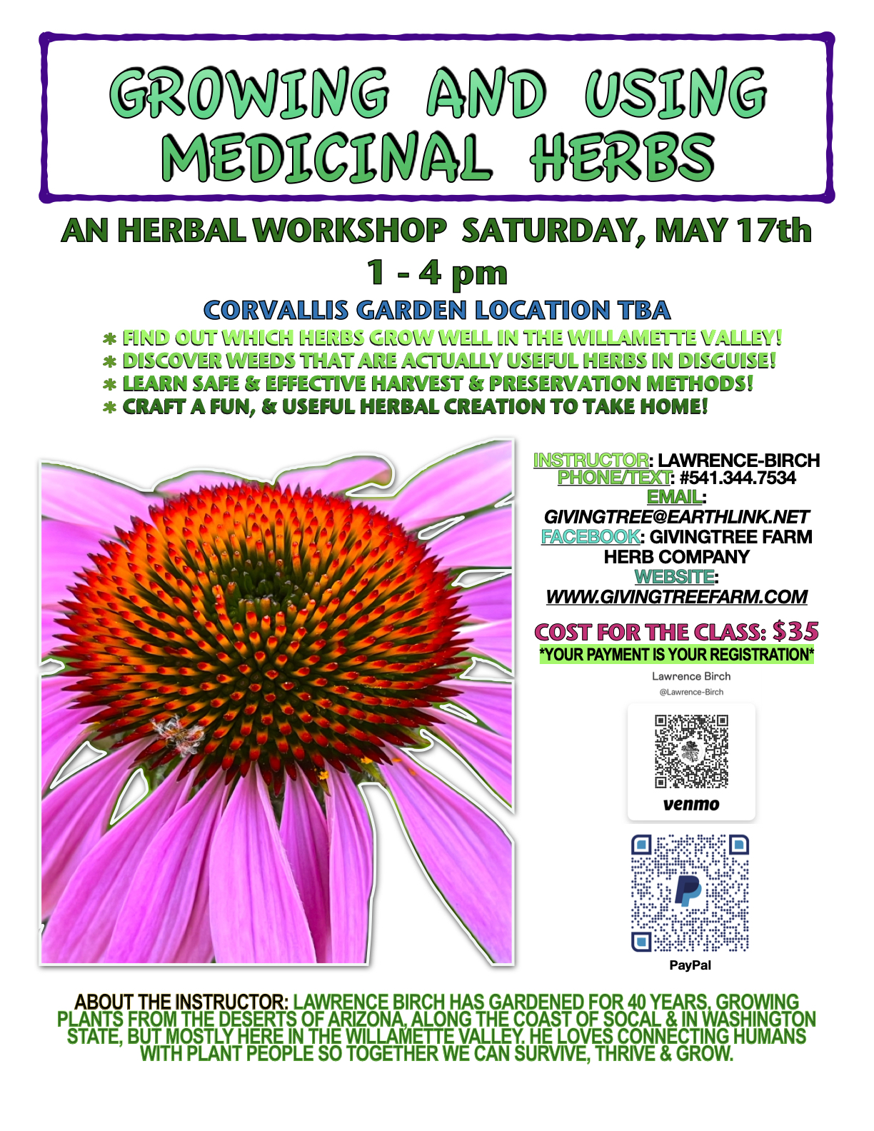 On Saturday, May 17th in Corvallis, Oregon, I will be offering a workshop on growing and using medicinal herbs. We will discuss ideal herbs you can grow in the Willamette Valley, take a look at weeds through an herbalist's lens, try out safe and effective ways to harvest and preserve our herbs, and create a fun and practical herbal product to take home and enjoy!