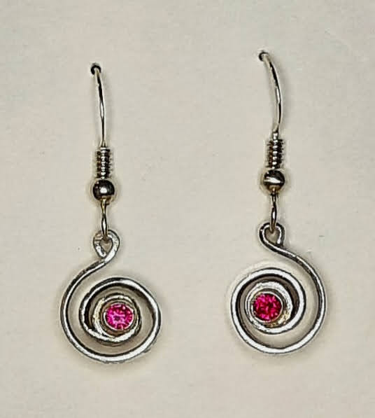 JE006-RF TAPERED OPEN SPIRAL EARRINGS Sterling Silver with Faceted Rubies