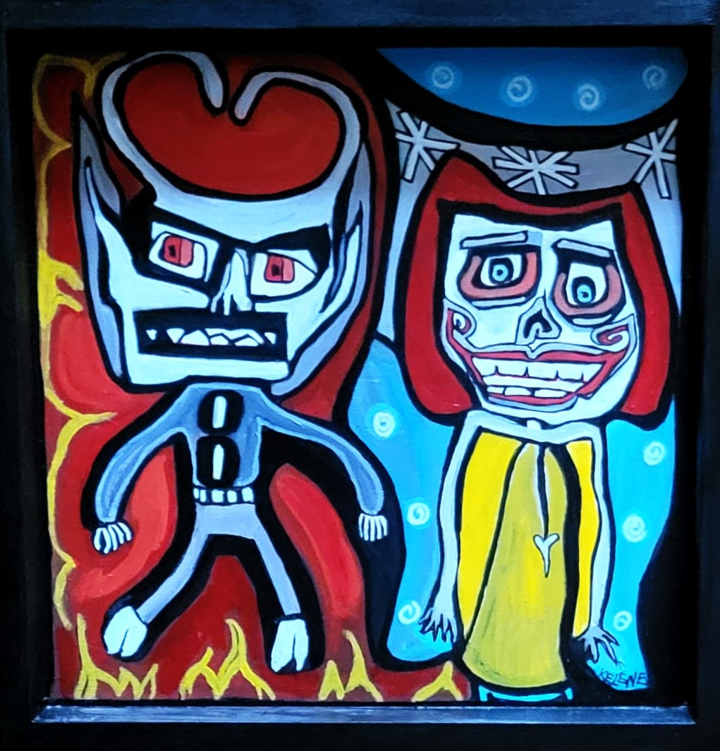 Title: Opposites Attract. 12 x 12 acrylic on wood. Kelene 2023 $100.00