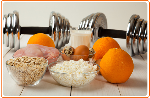 Dumbbells and healthy Food