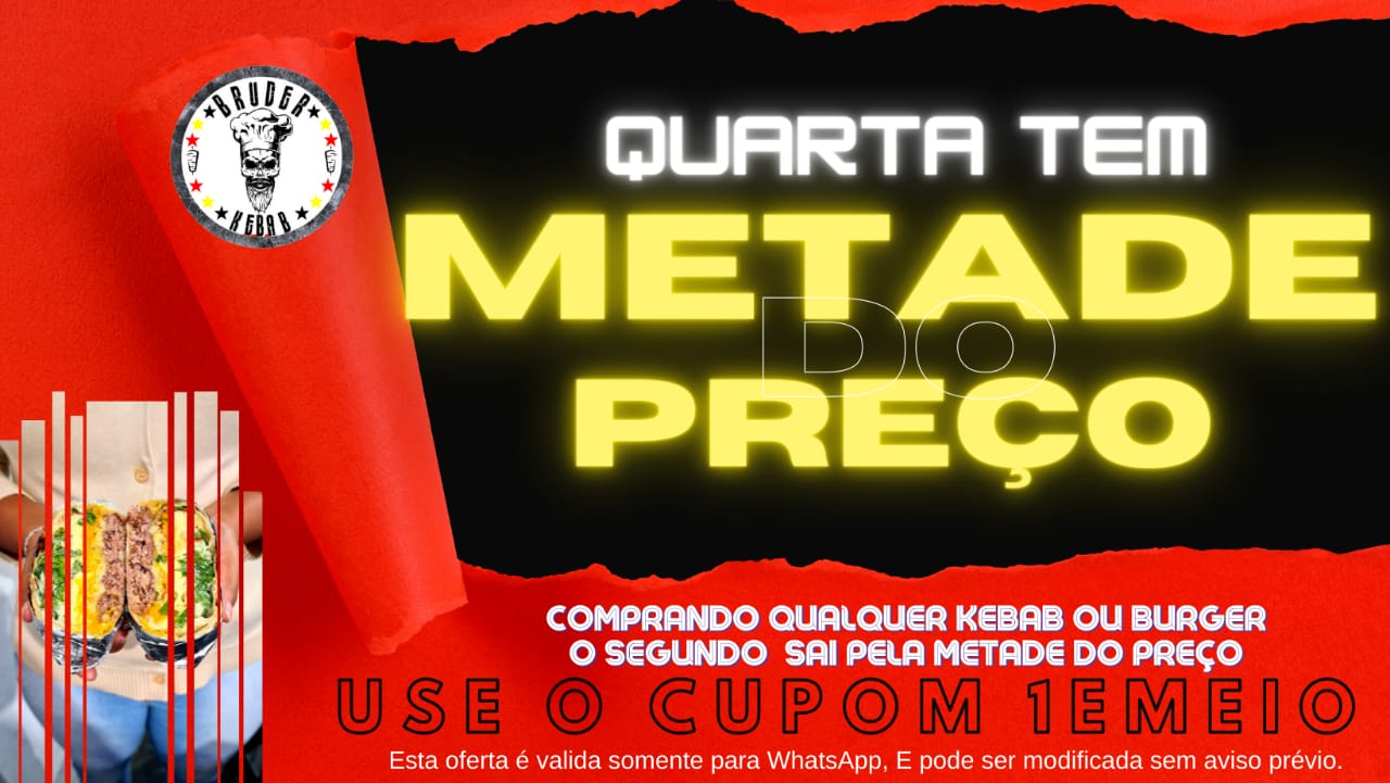 Quarta tem o Segundo pela metade do preço. Monte o seu pedido e duplique a sua escolha. 
O segundo deve ser exatamente igual ao primeiro para valer a promoção.
Coloque o código do cupom no campo de observações e finalize seu pedido.
Nosso caixa atualizara o valor total com o desconto da promoção.