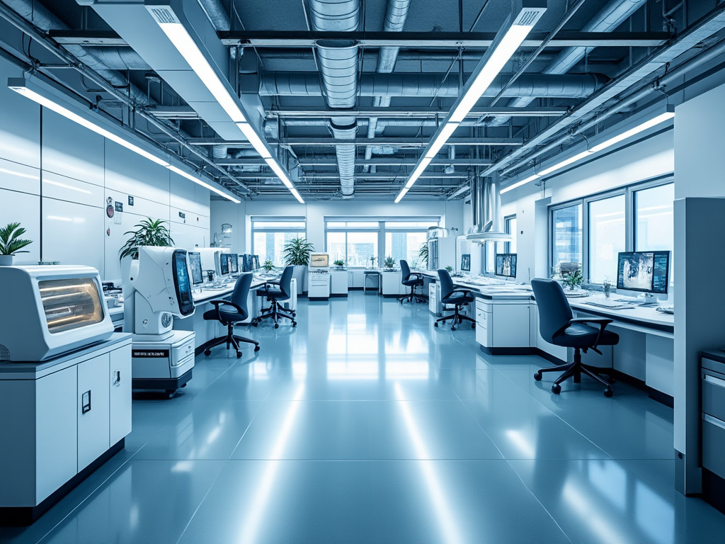 Laboratorio moderno de investigación con equipos científicos, estaciones de trabajo y luces LED en sala limpia