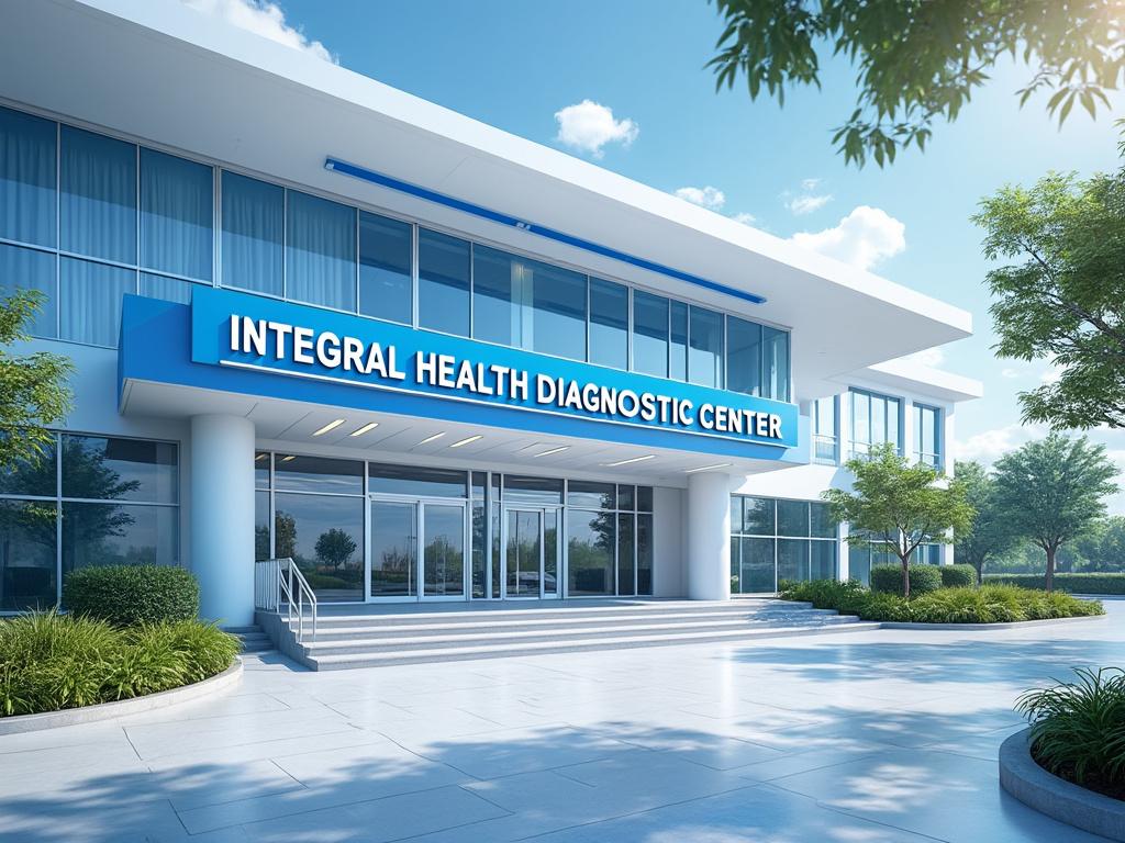 Fachada moderna de un centro de diagnóstico de salud integral con entradas de vidrio y espacios verdes.