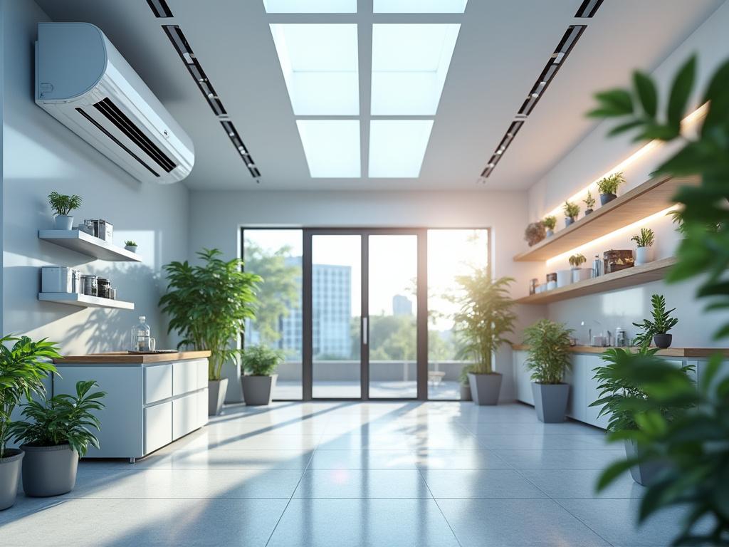Interior moderno y luminoso con plantas, muebles blancos y aire acondicionado en el techo, vista a la ciudad a través de grandes ventanales.
