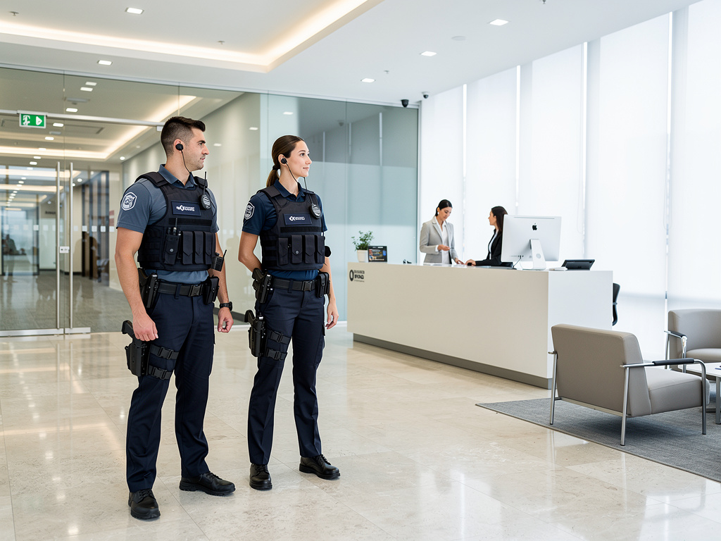 Guardias de seguridad con uniforme y auriculares en recepción moderna de oficina corporativa