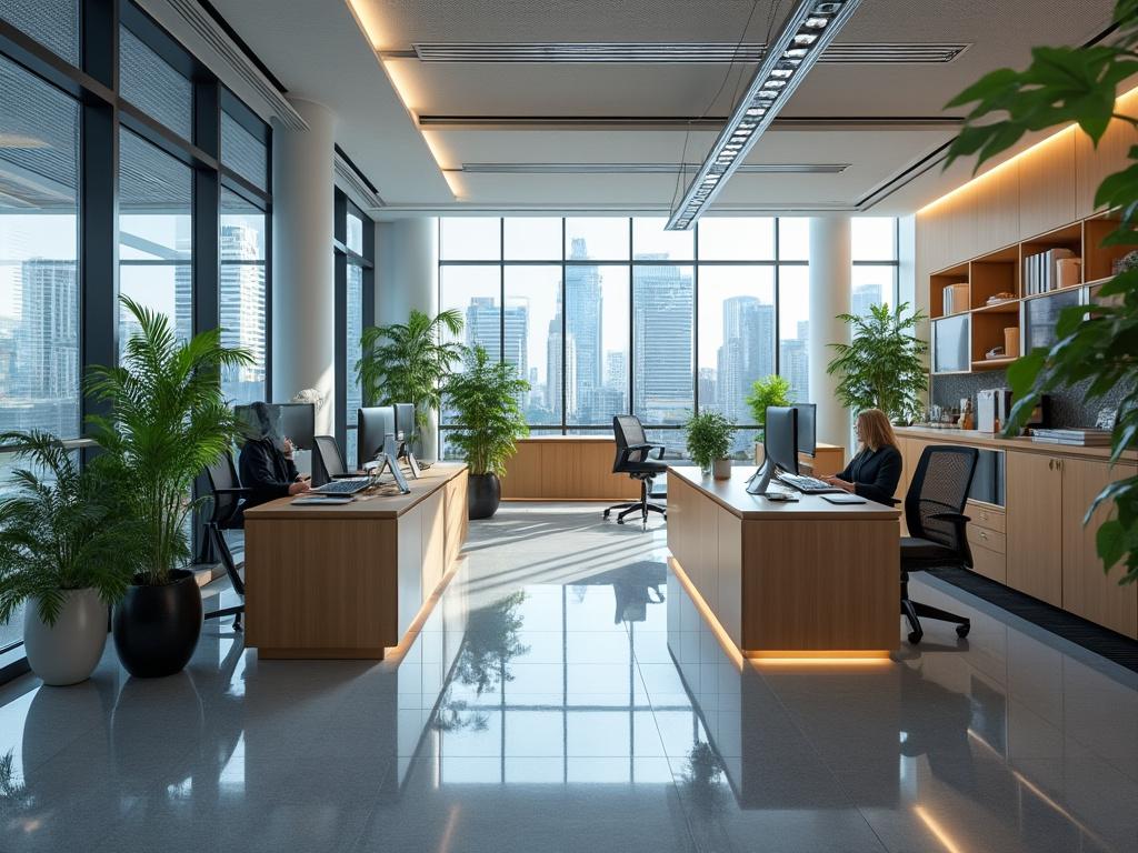 Oficina moderna con amplias ventanas, dos escritorios de madera, plantas en macetas y vista a la ciudad.