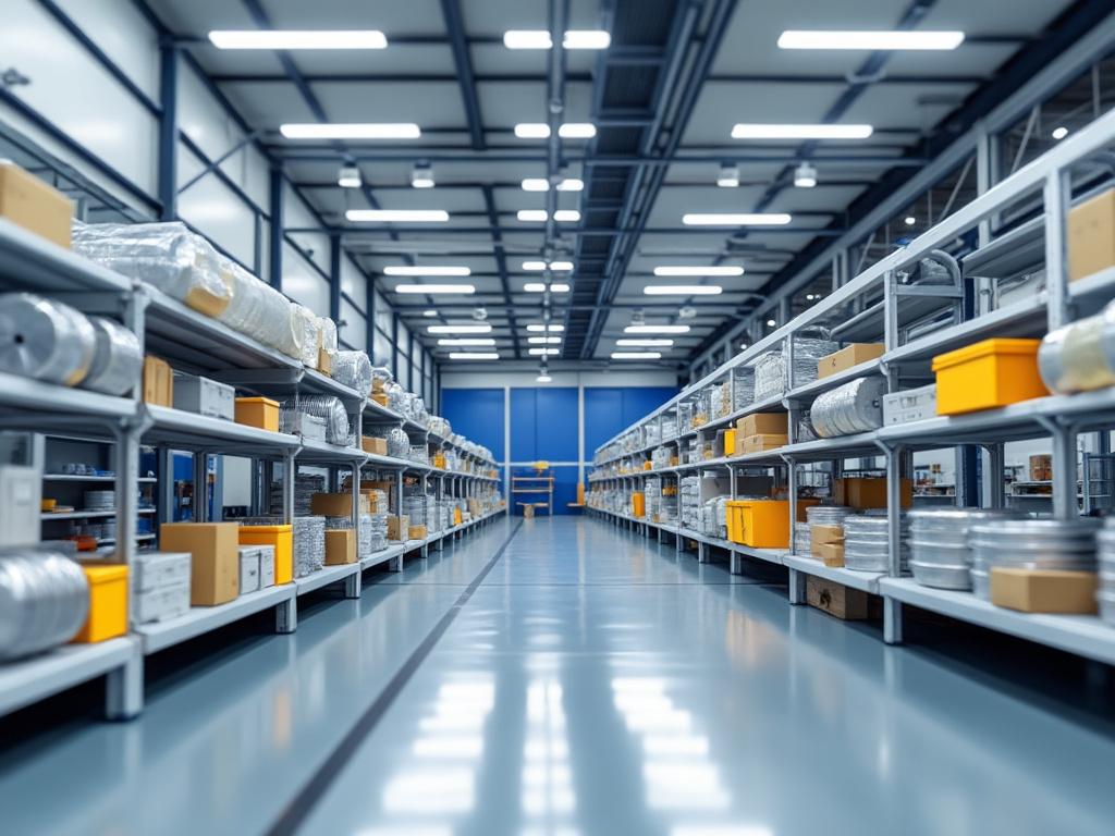 Pasillo de almacén moderno con estantes y cajas organizadas.