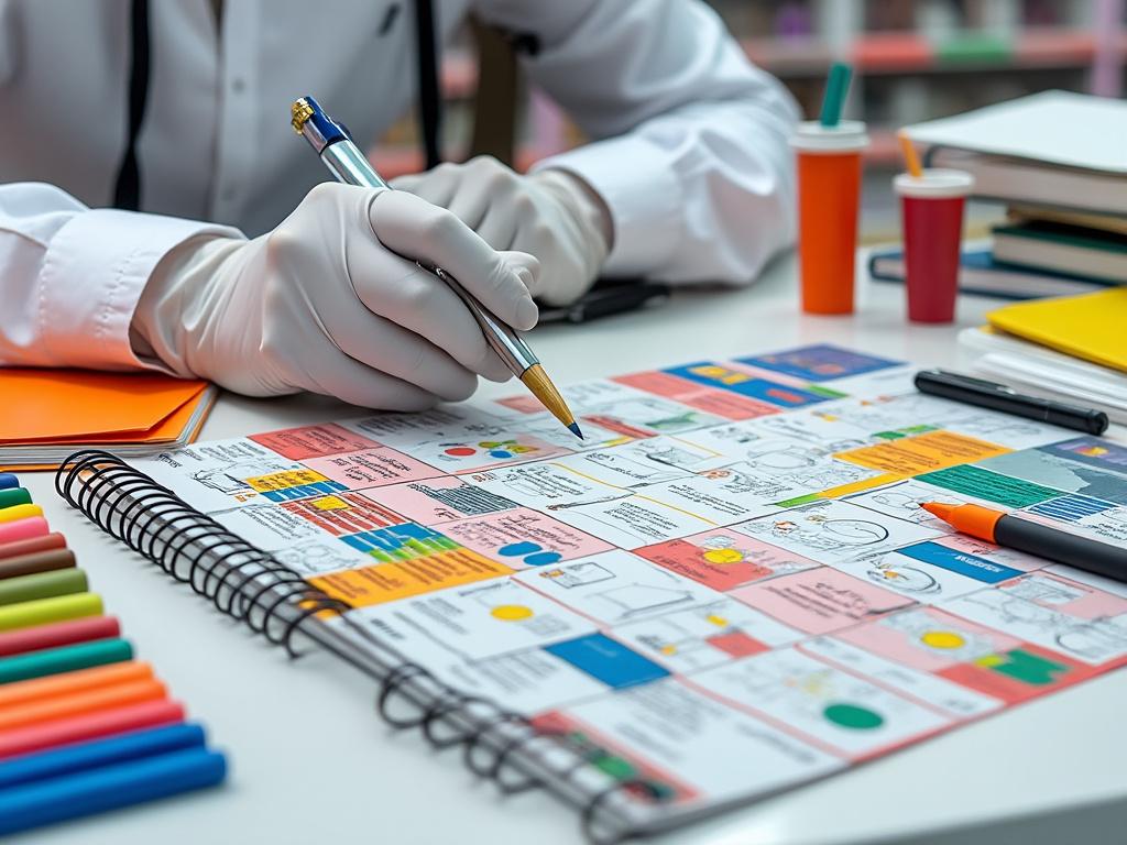 Persona con guantes escribiendo en un planificador gráfico colorido, rodeado de bolígrafos y papeles en una mesa de oficina.