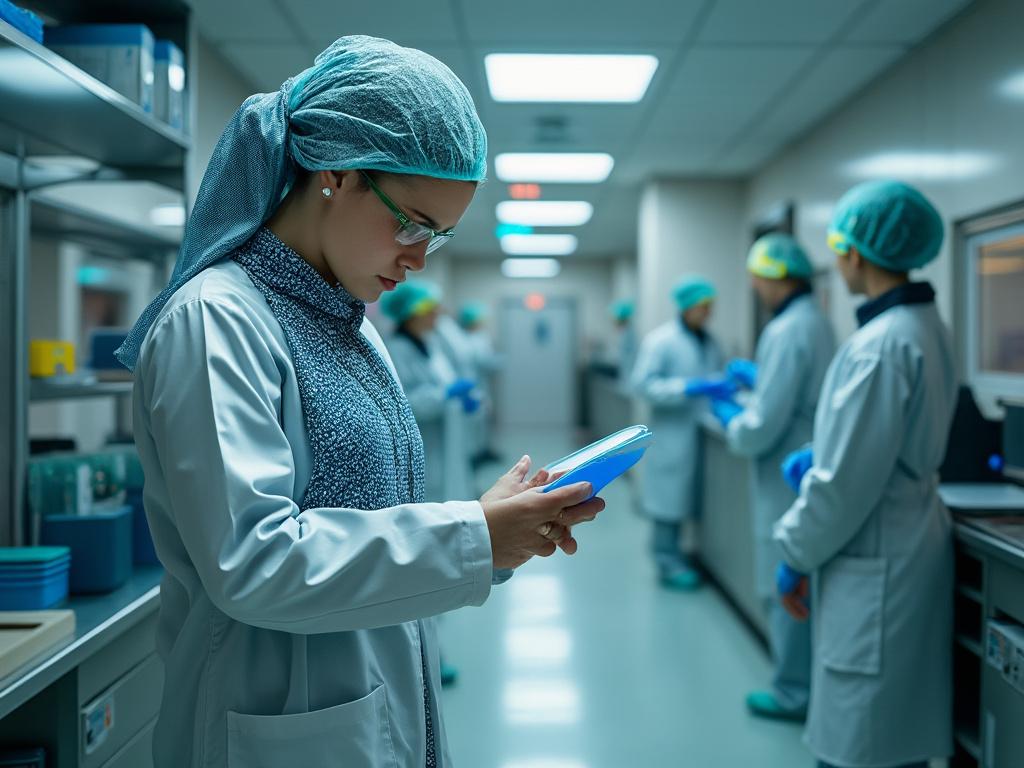 Científica en laboratorio analizando una muestra, con colegas trabajando en el fondo.