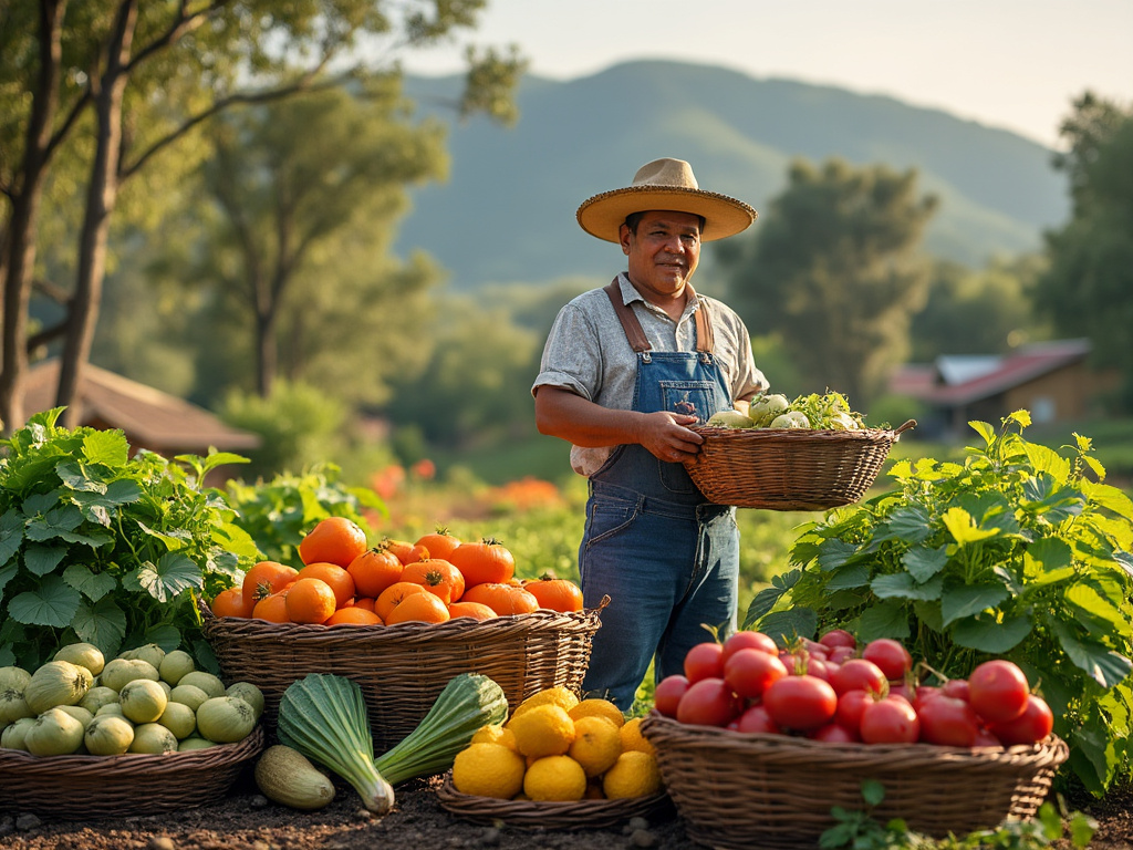 Agricultor sosteniendo una cesta de vegetales frescos en un campo rodeado de montañas al atardecer, con cestas de tomates, calabacines y naranjas.