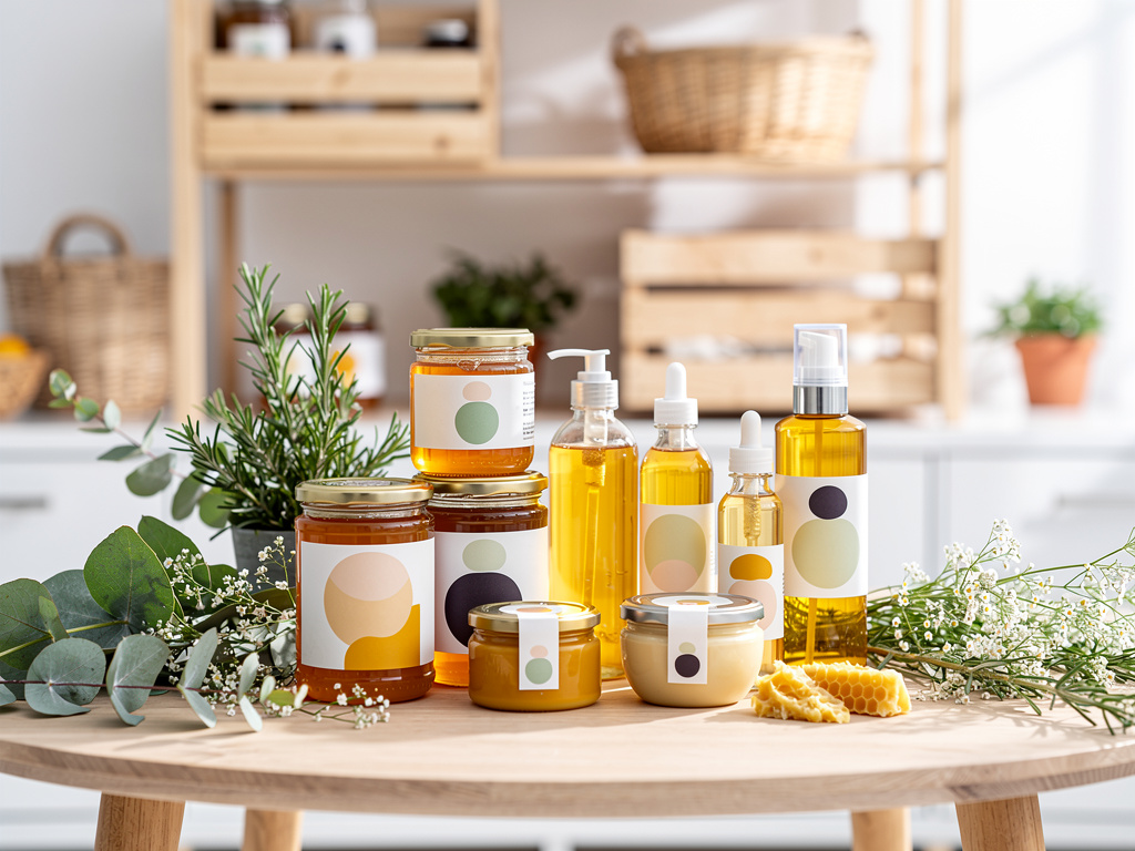 Productos naturales de miel, aceites y cosmética orgánica con hierbas y panal sobre mesa de madera