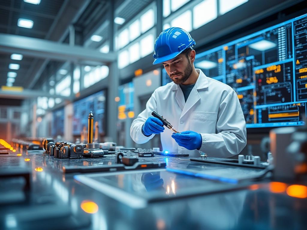 Engineer in blue safety helmet and white lab coat working with precision equipment in a modern industrial setting, surrounded by advanced digital displays.