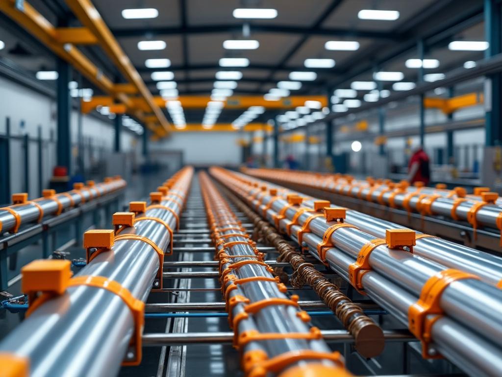 Tuberías industriales de acero alineadas en una fábrica, con soportes anaranjados y luces de techo brillantes.