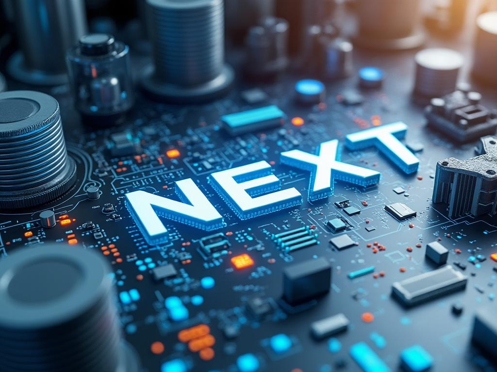 Close-up view of a futuristic circuit board with the word 'NEXT' prominently displayed, symbolizing technological advancement.