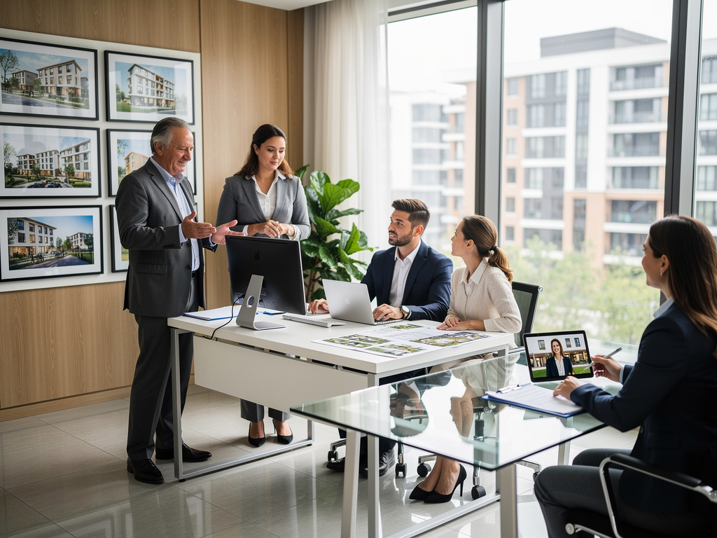 Equipo de agentes inmobiliarios en reunión de negocios revisando planos y proyectos de apartamentos modernos en oficina