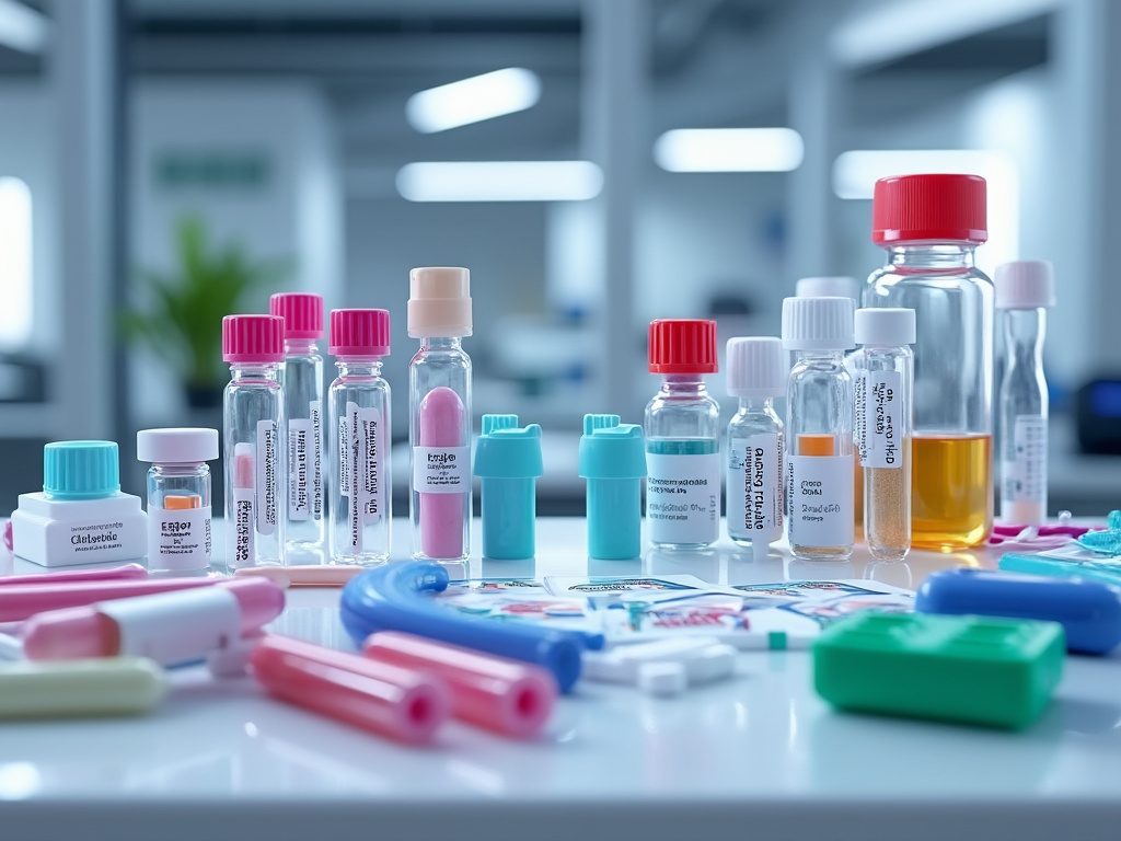 Various laboratory vials and containers with colorful caps on a white table in a modern laboratory setting.