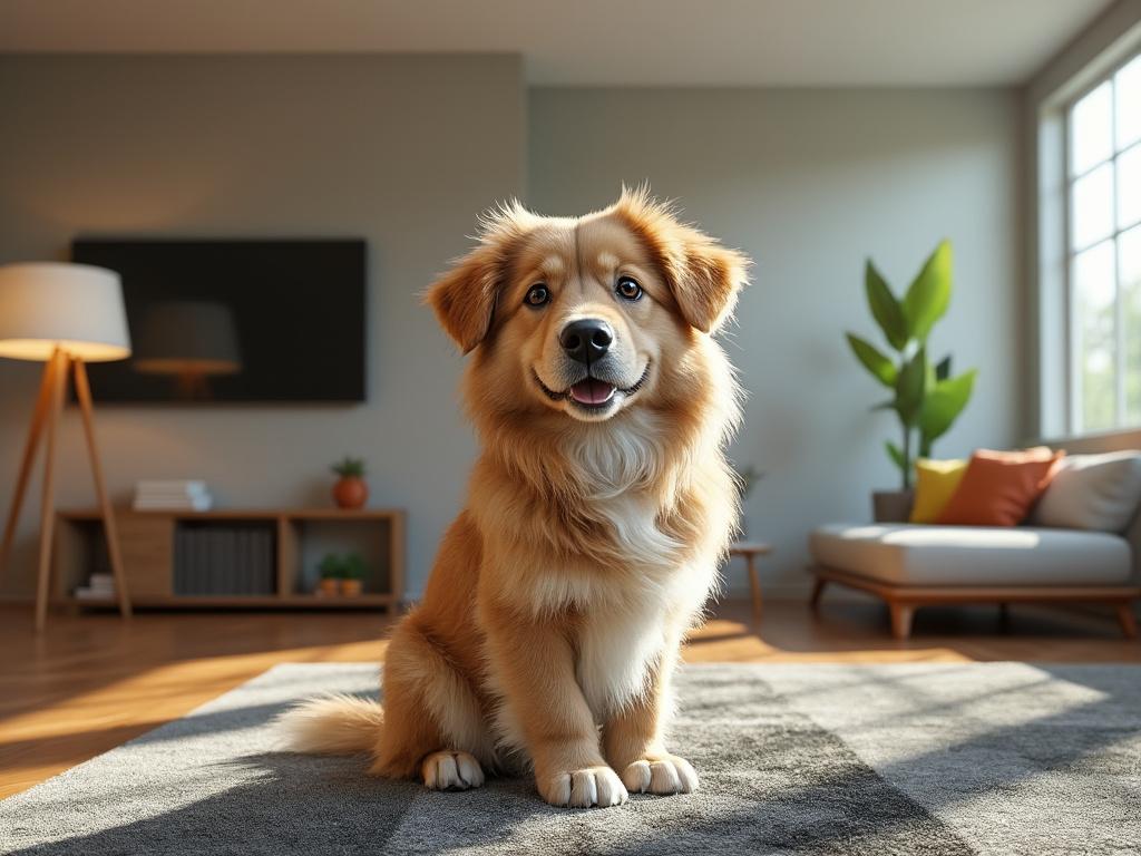 Happy dog sitting on a rug in a modern living room with sunlight streaming through a large window.