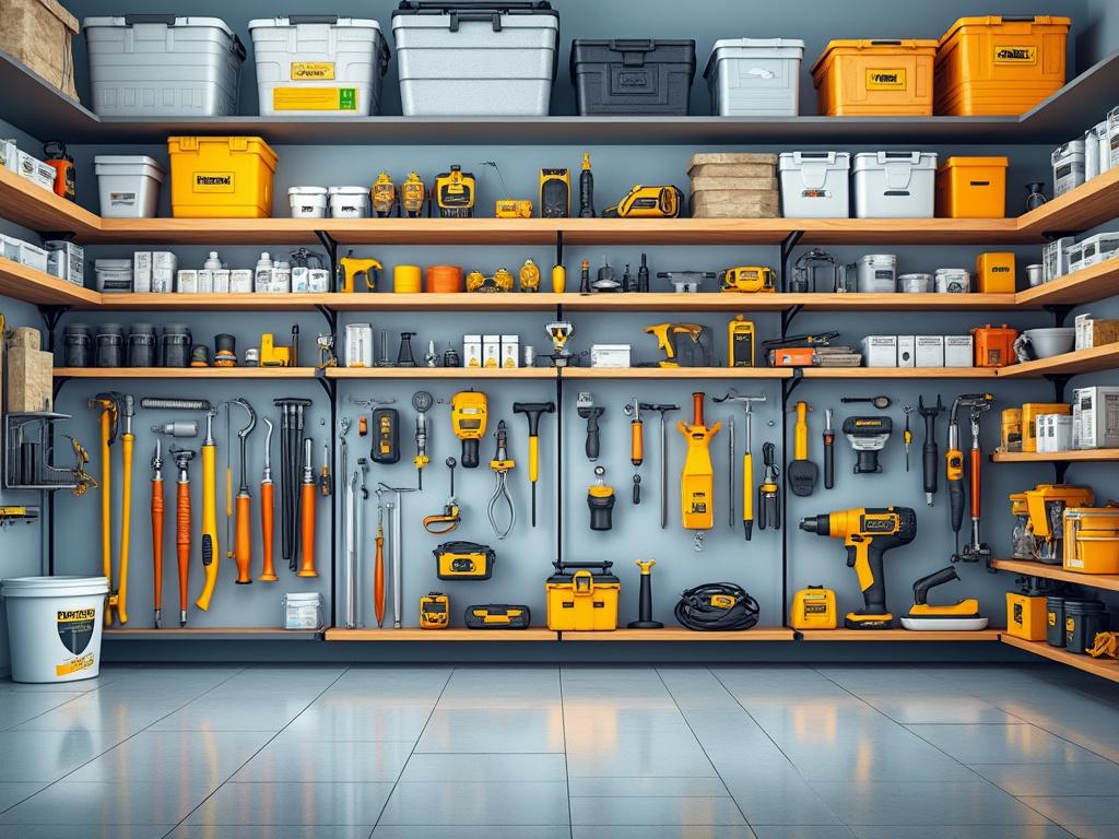 Almacén organizado con herramientas y cajas de almacenamiento en estantes.