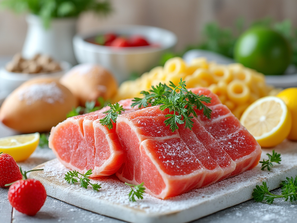 Rebanadas de atún fresco con hierbas sobre tabla de cortar, acompañadas de frutas como fresas y limón, pasta cocida y pan.