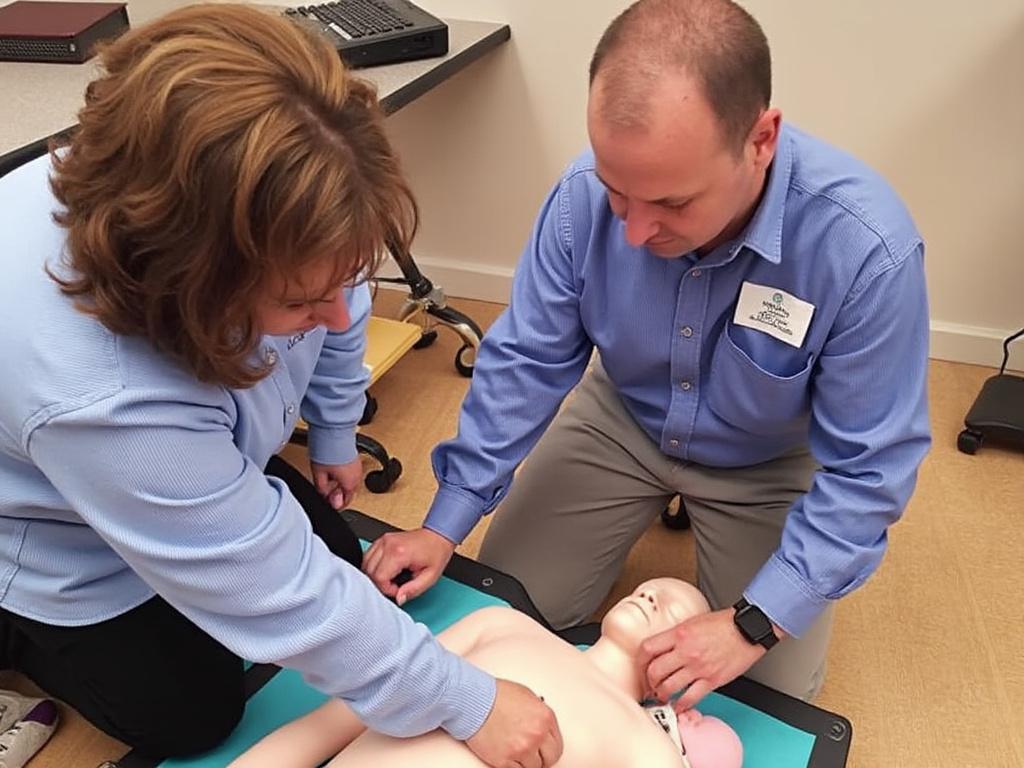 Two people performing CPR on a medical training mannequin during a first aid course. Two people performing CPR on a medical training mannequin during a first aid course.