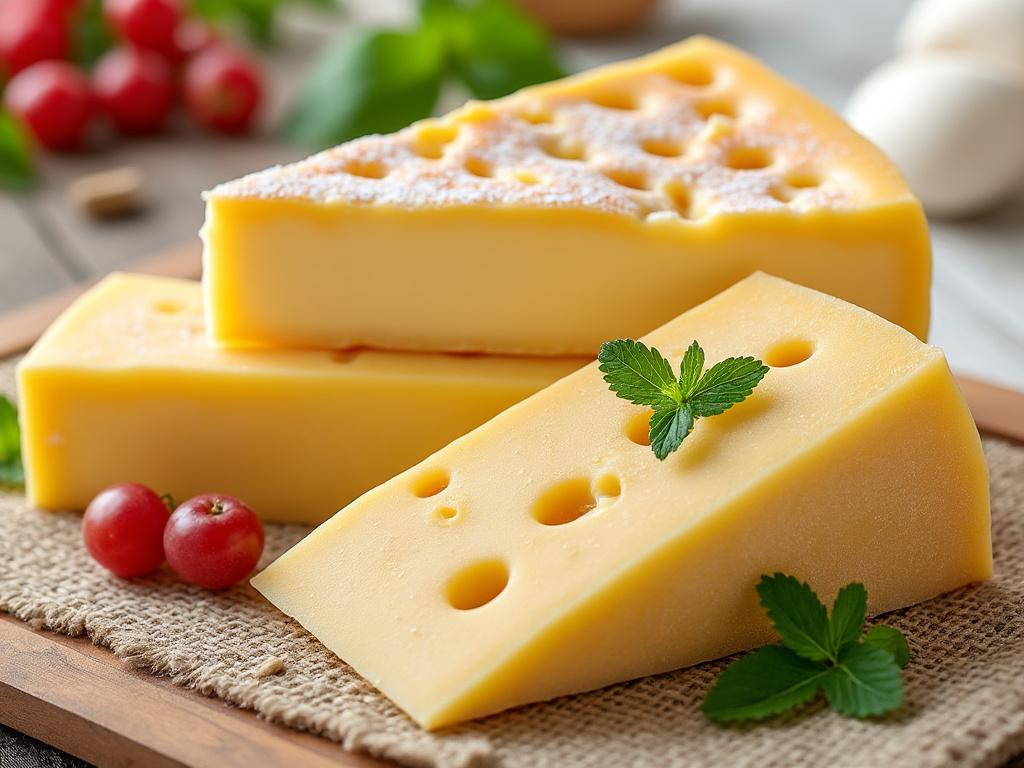 Rebanadas de queso suizo con agujeros, adornadas con hojas de menta, sobre una tabla de madera junto a tomates cherry.