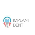 Logotipo de Implant Dent con icono de implante dental y diente en azul, rojo y gris